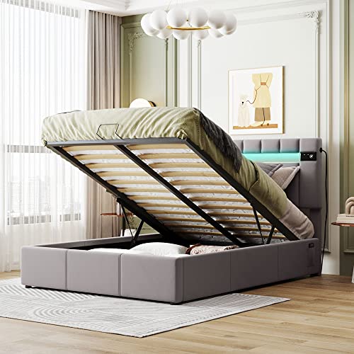 Queen Velvet Upholstered Storage Bed with LED Light B142728