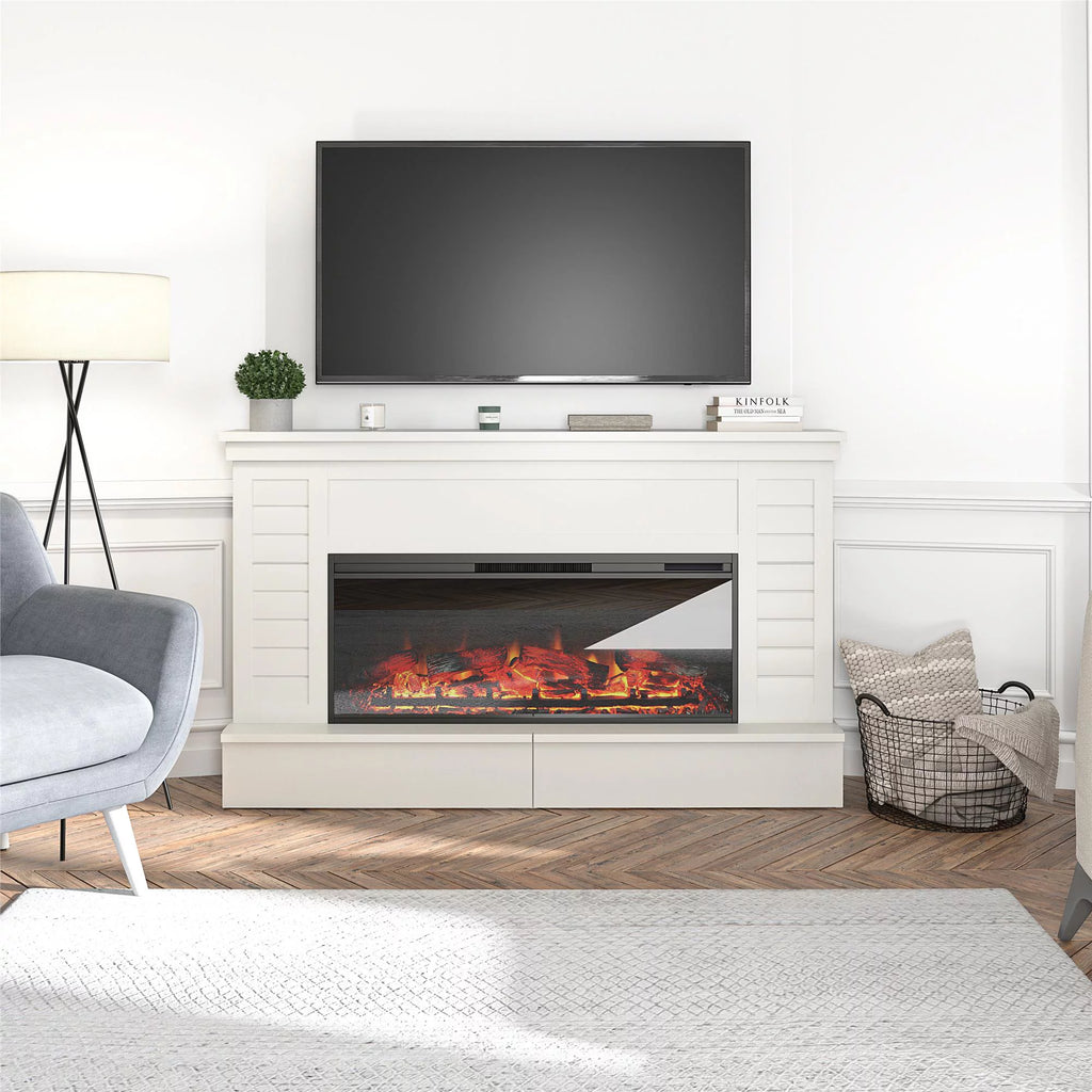 White Wide Shiplap Mantel with Linear Electric Fireplace and Storage Drawers A156743