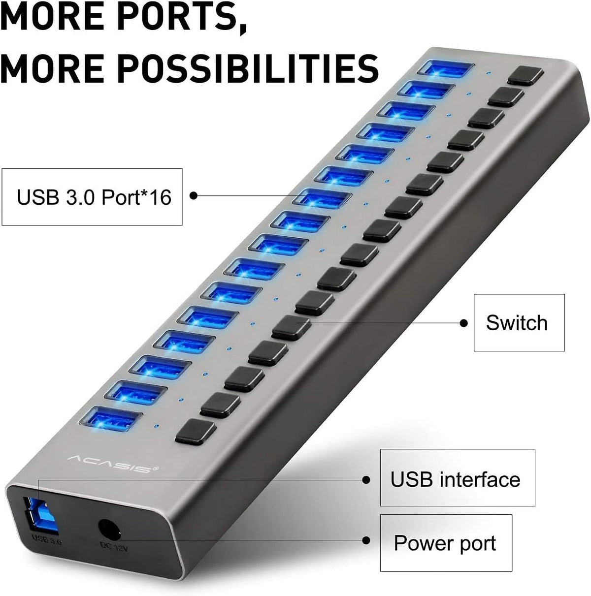 16 Ports USB 3.0 Data Hub with On/Off Switches and Power Adapter U860829