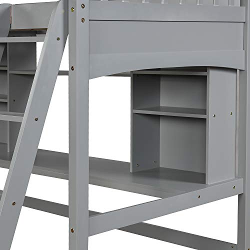 Full Size Solid Wood Loft Bed with Wardrobe and Desk N8377