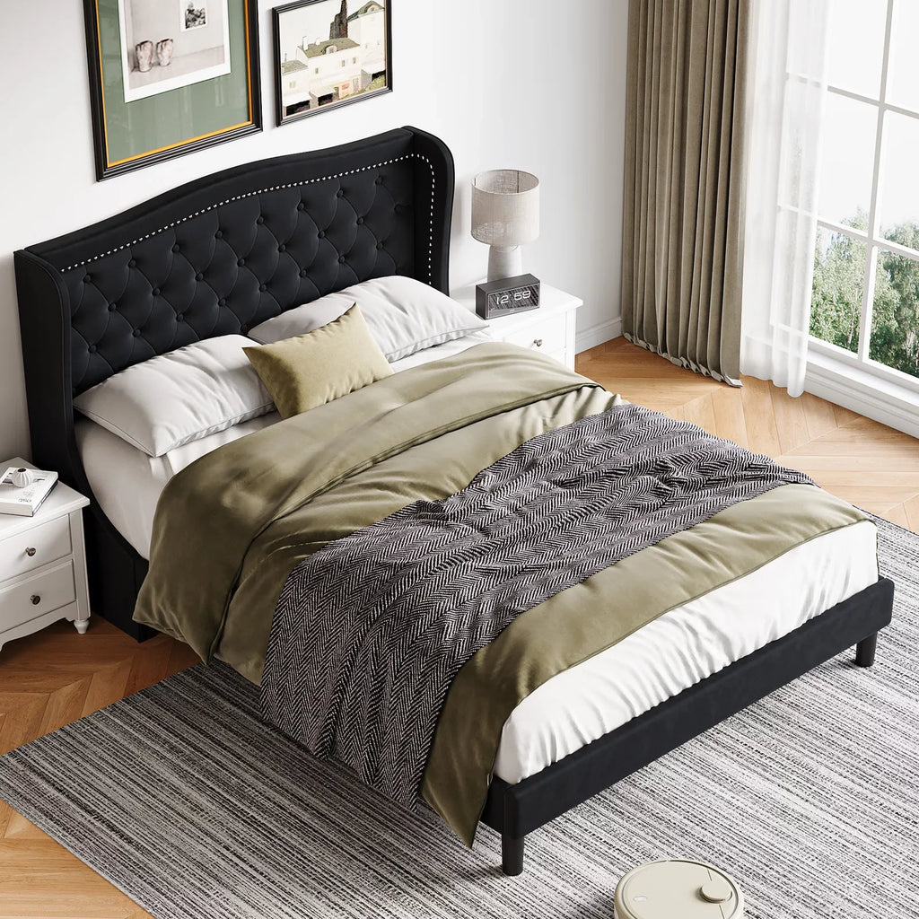 Black Full Bed Frame with Wing-Back Button Tufted Upholstered Headboard and Wood Slat Support I4473