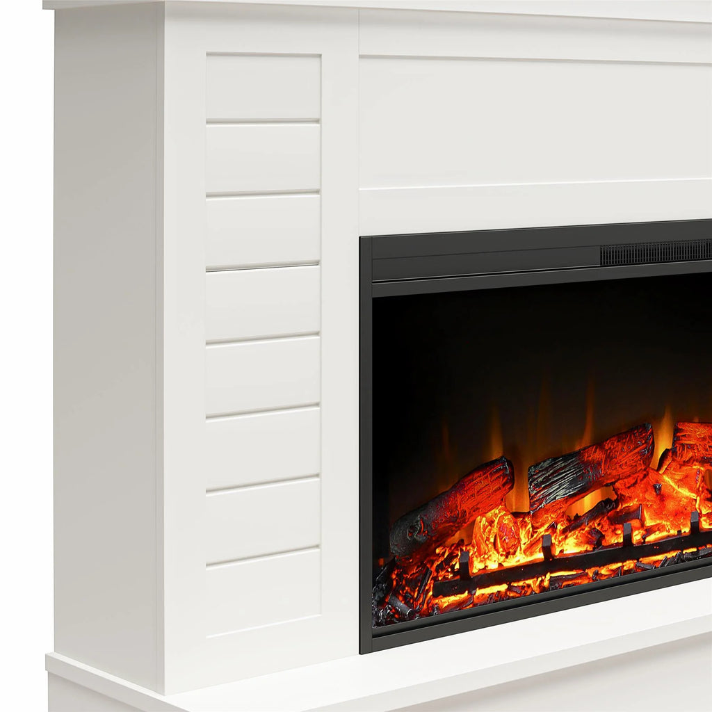 White Wide Shiplap Mantel with Linear Electric Fireplace and Storage Drawers A156743