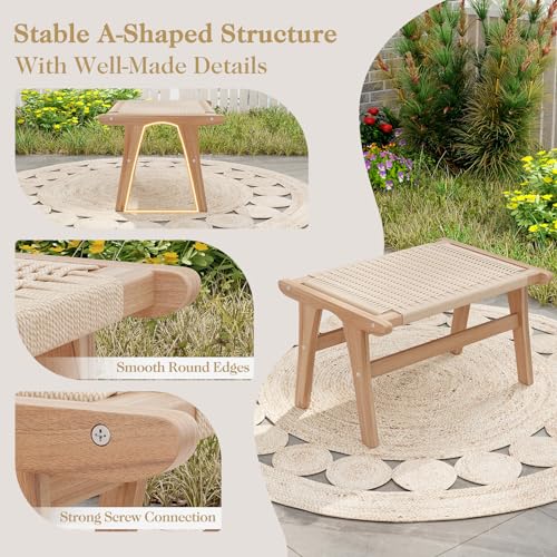 Natural Teak Wood Ottoman Footstool with Braided Rope, 14" H E9919