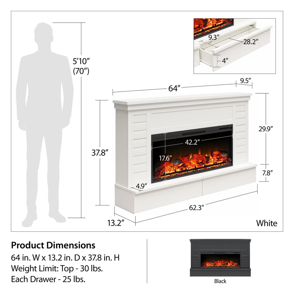 White Wide Shiplap Mantel with Linear Electric Fireplace and Storage Drawers A156743