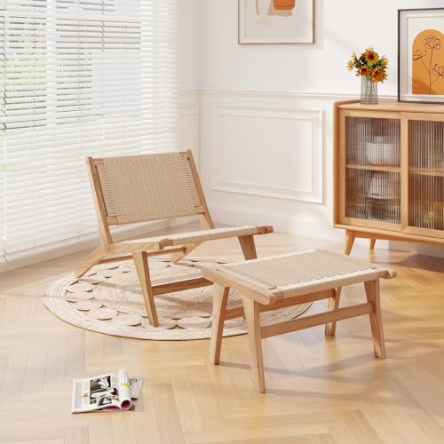 Natural Teak Wood Ottoman Footstool with Braided Rope, 14" H E9919