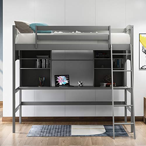 Full Size Solid Wood Loft Bed with Wardrobe and Desk N8377