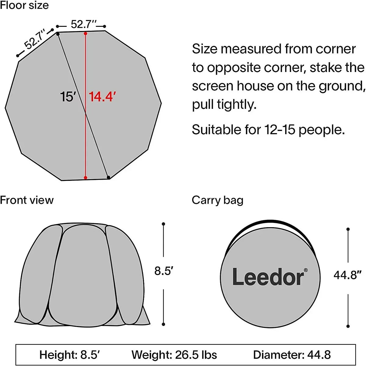 15'X15'X8.5' Gray Pop Up Camping Canopy C432