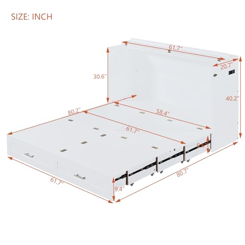 Queen Size Murphy Wall Bed with USB Charging Station and Storage Drawer N1750