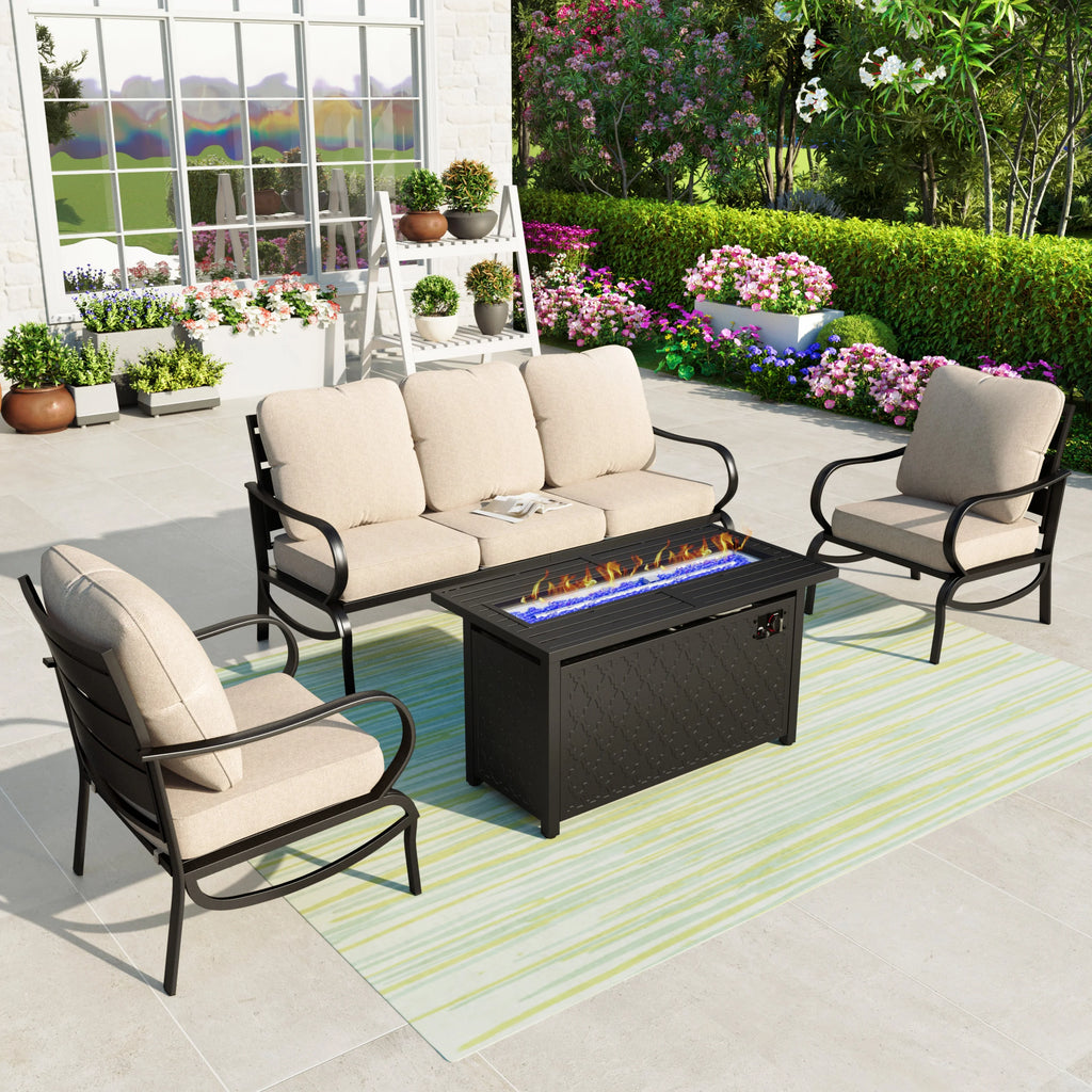 4 Pieces Patio Conversation Set with Fire Pit Table Steel Sectional Sofa Beige Cushions W777924