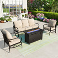 4 Pieces Patio Conversation Set with Fire Pit Table Steel Sectional Sofa Beige Cushions W777924