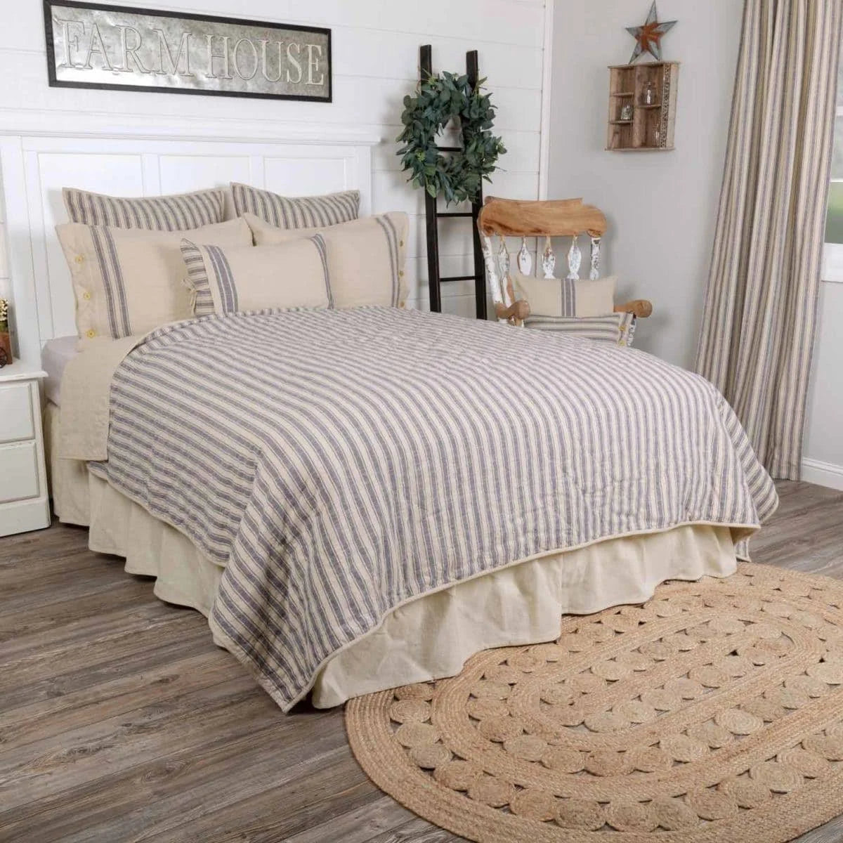 Blue Ticking Stripe Quilt, California King V337