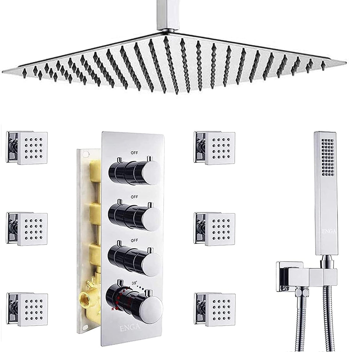 Brushed Nickel 16inch Rainfall Shower System with Body Jets Thermostatic Mixer Shower Faucet Set R419728