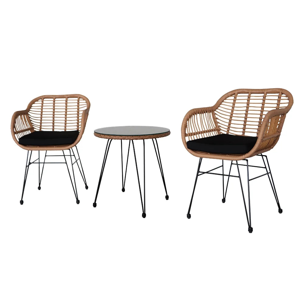 3 Piece Wicker Patio Conversation Set with Glass Side Table and Cushioned Chairs V867969