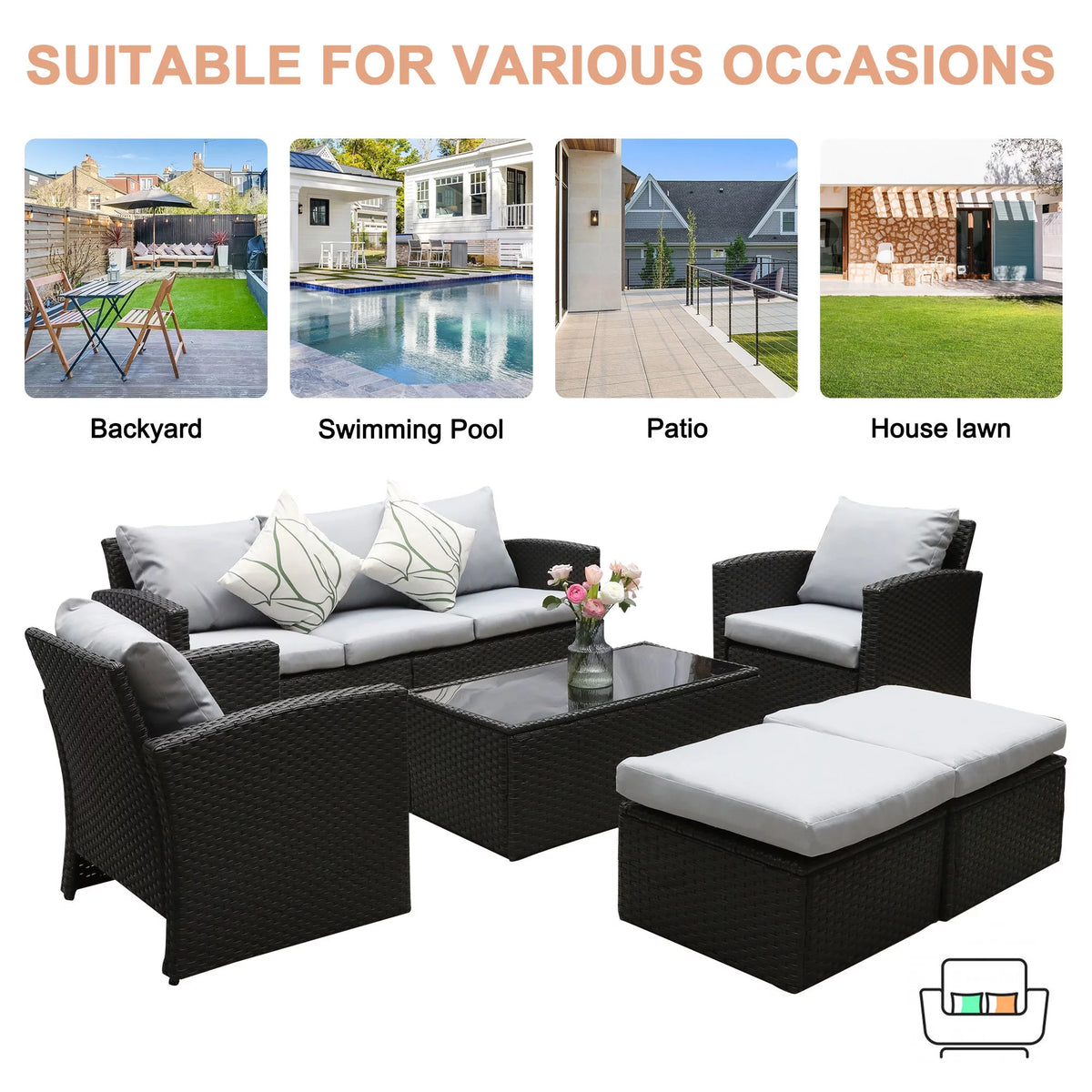 8 Pcs Wicker Patio Furniture Set with Coffee Table and Ottomans T12643