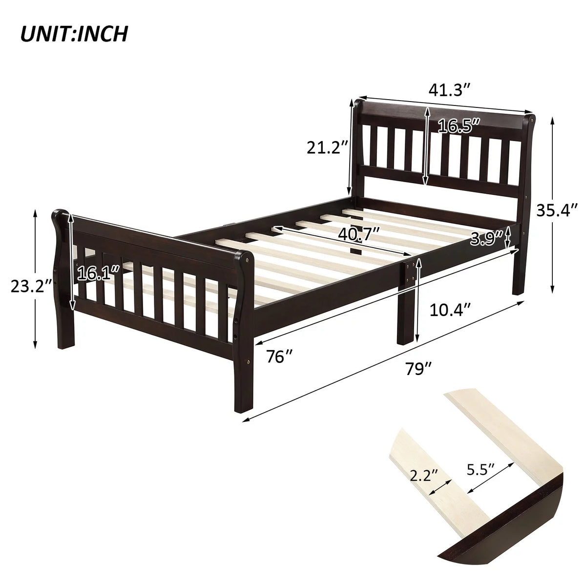 Wood Twin Size Platform Bed Frame with Headboard and Footboard E99119