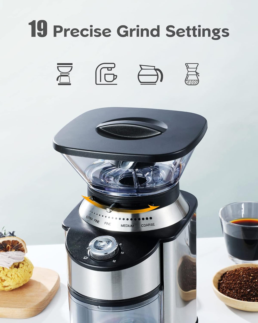 Stainless Steel Conical Burr Coffee Grinder with 19 Precise Grind Settings, Pack of 2 P209