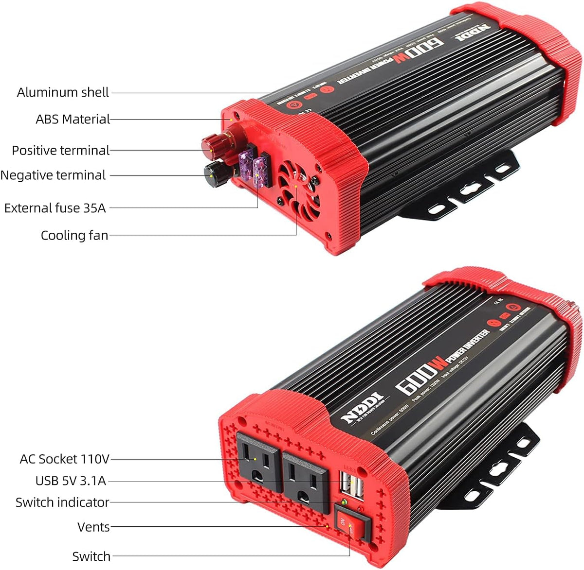 600W Car Power Inverter 12V DC to 110V AC Converter with Dual USB N1824