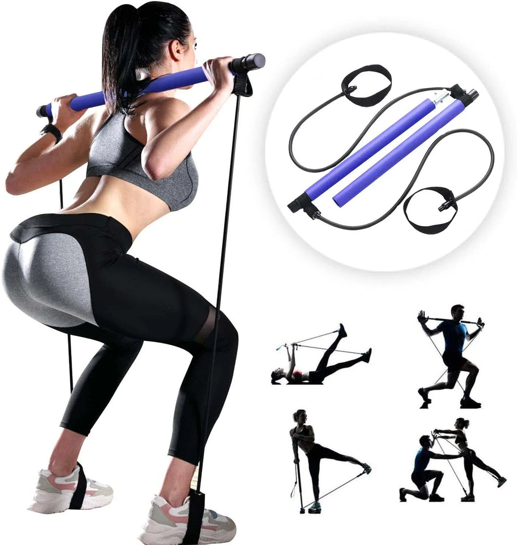 Blue Portable Pilates Bar with Resistance Bands Loop Set F562285