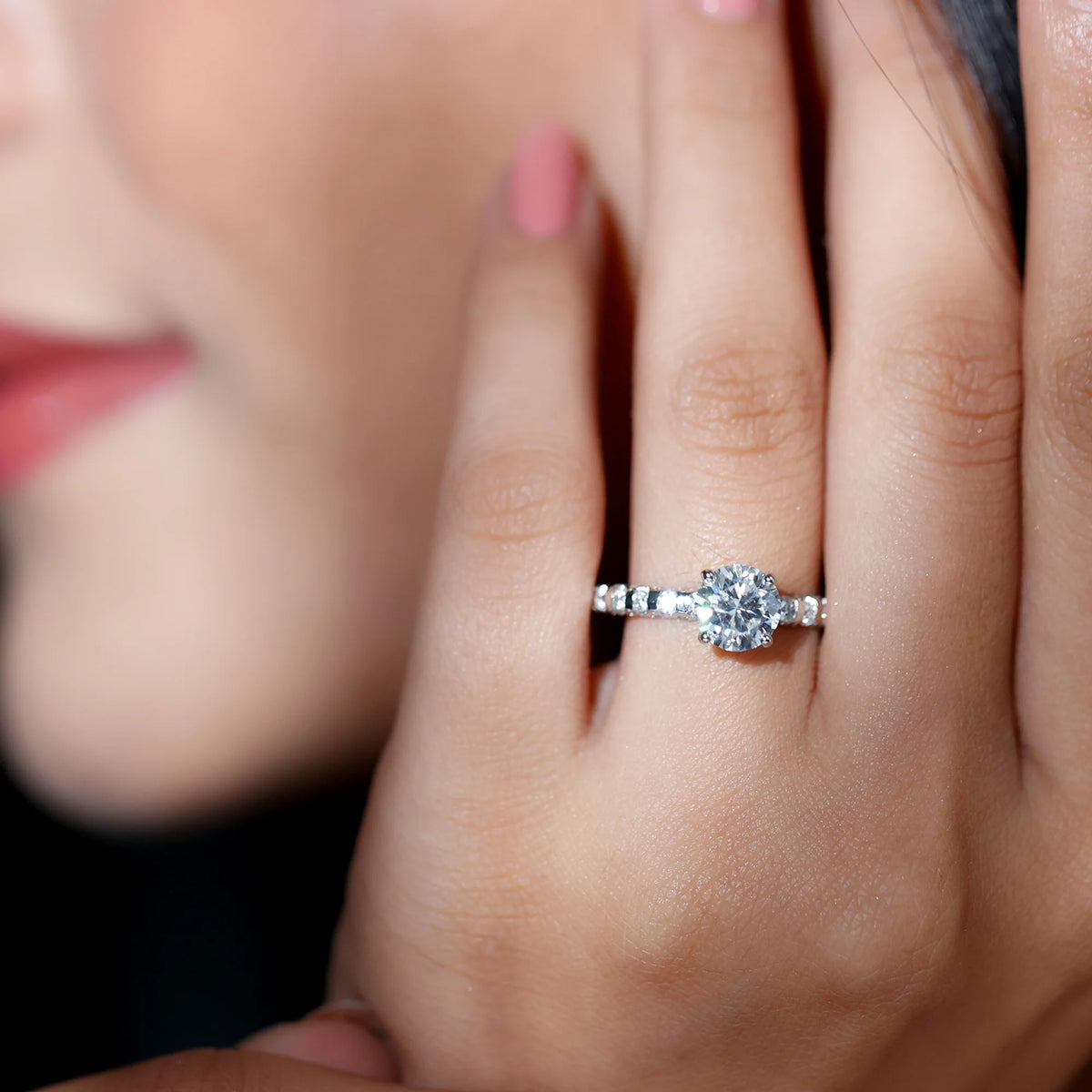 14K White Gold Moissanite Solitaire Engagement Ring with Side Stones H9709