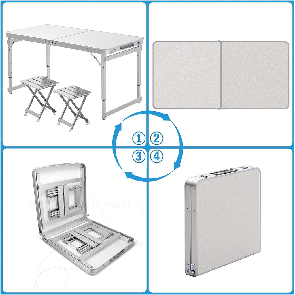 White 4 Foot Adjustable Height Folding Aluminum Camping Table with Stools J7263