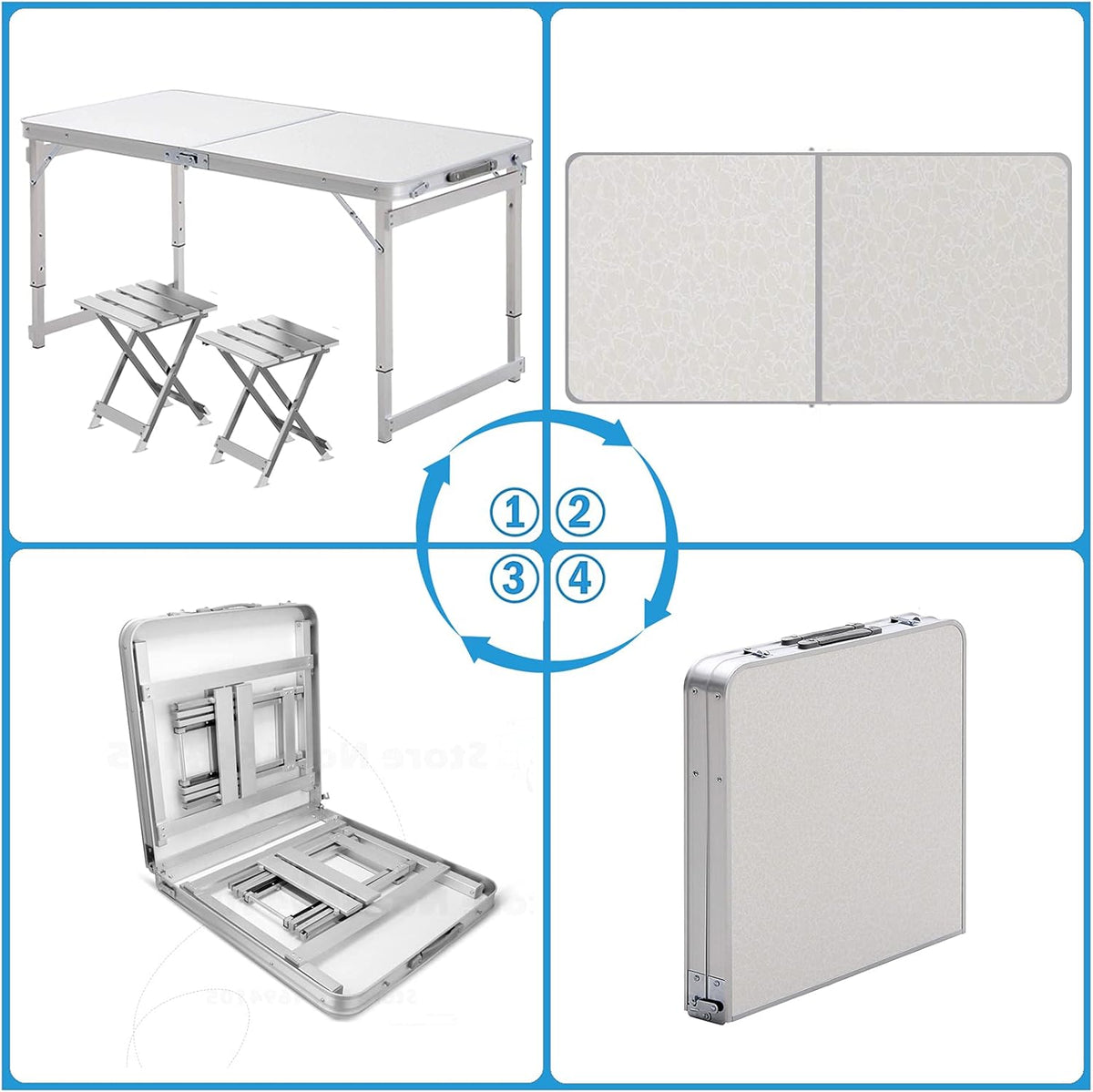 White 4 Foot Adjustable Height Folding Aluminum Camping Table with Stools J7263