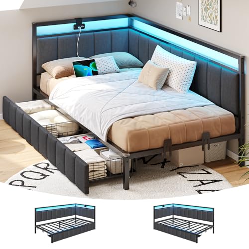 Full Size Corner Bed Frame with 2 Storage Drawers and Charging Station I433