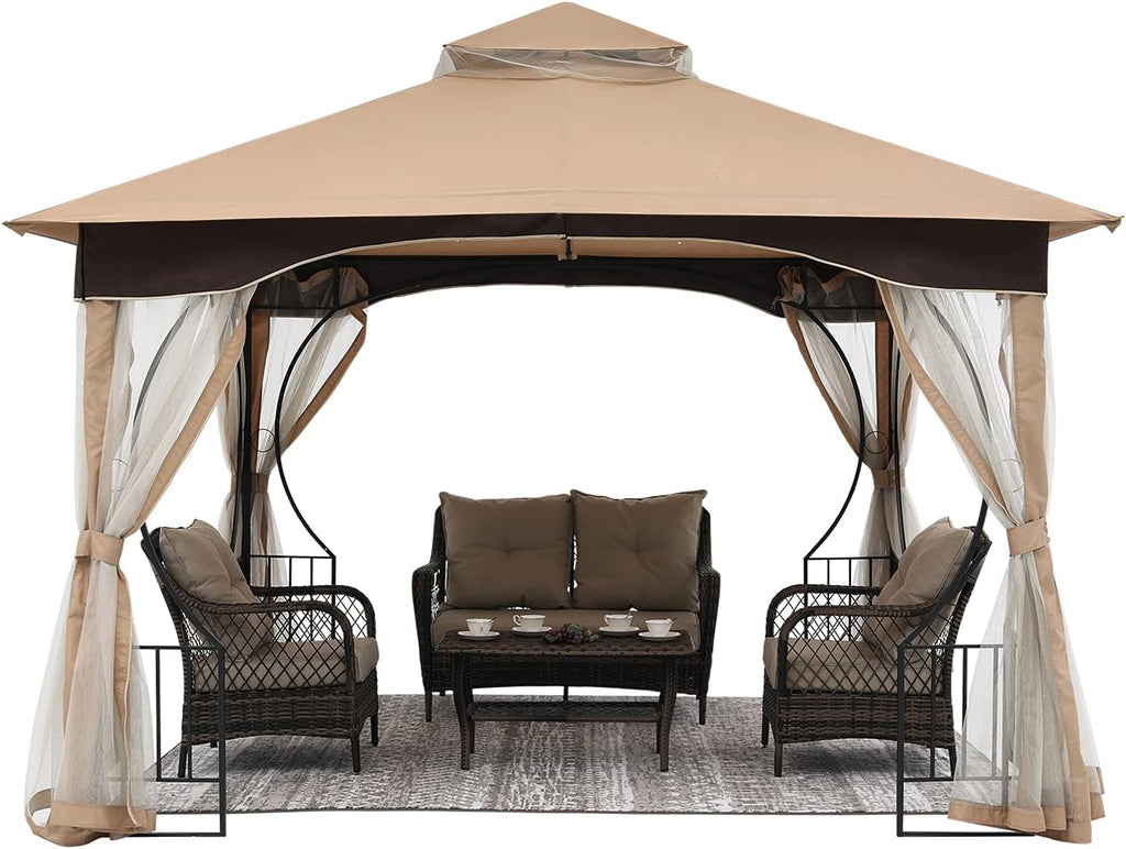 Beige Patio Gazebo with Netting Screen Walls X6020