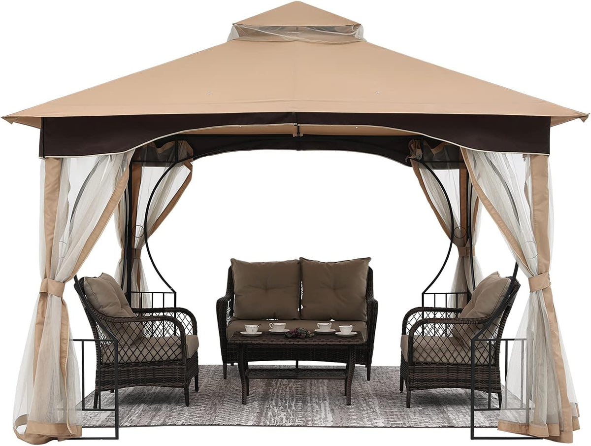 Beige Patio Gazebo with Netting Screen Walls X6020
