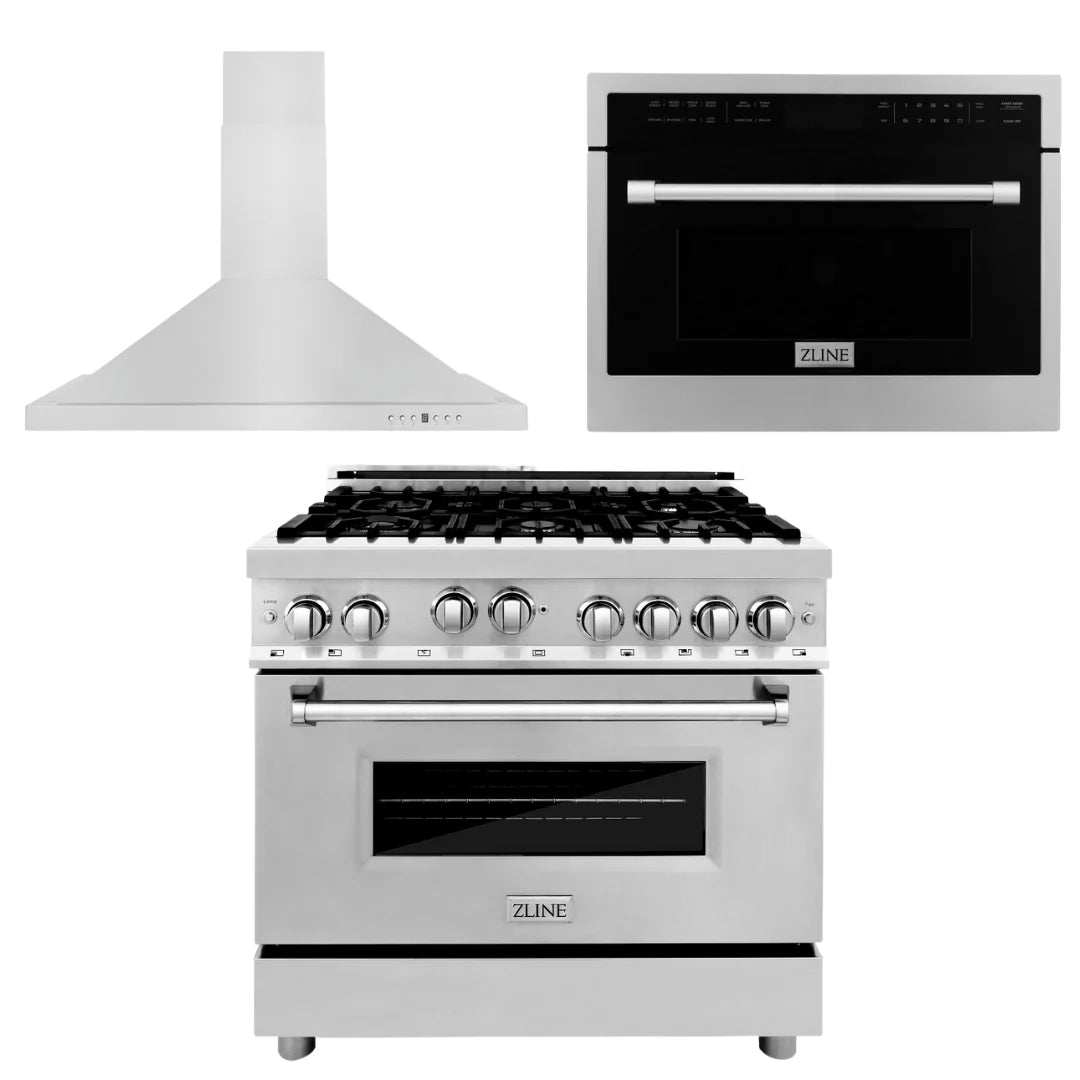 36 in. Gas Range, Range Hood, Microwave Oven W3547