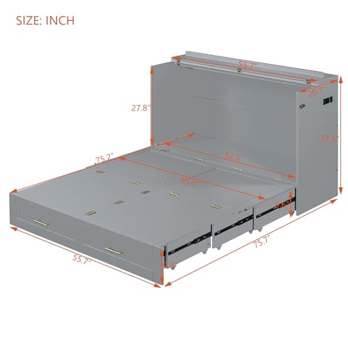 Queen Size Murphy Wall Bed with USB Charging Station and Storage Drawer N1750