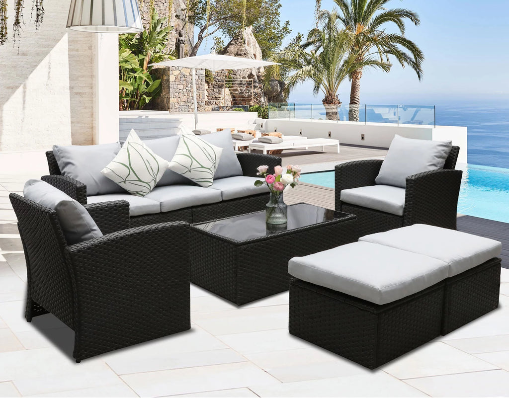 8 Pcs Wicker Patio Furniture Set with Coffee Table and Ottomans T12643