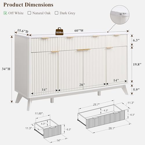 60" Buffet Sideboard Cabinet with 4 Doors and 3 Drawers R54735