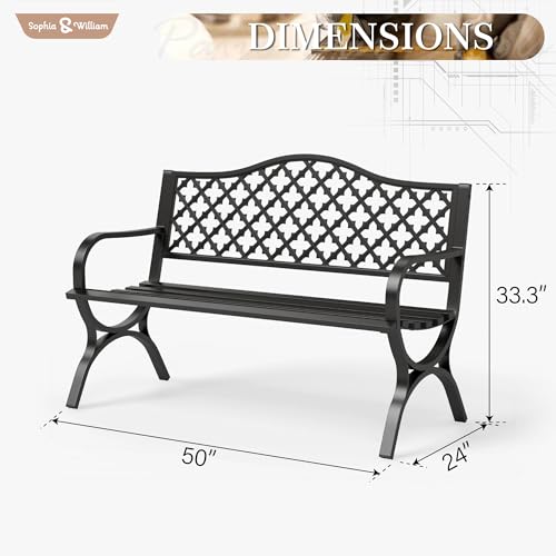 50" Black Cast Iron Outdoor Bench with Floral Backrest C628