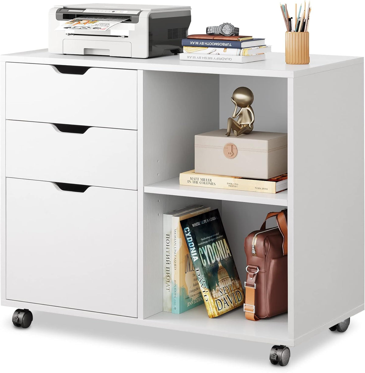 White 3-Drawer Mobile Wood File Cabinet with Open Storage Shelves D30584