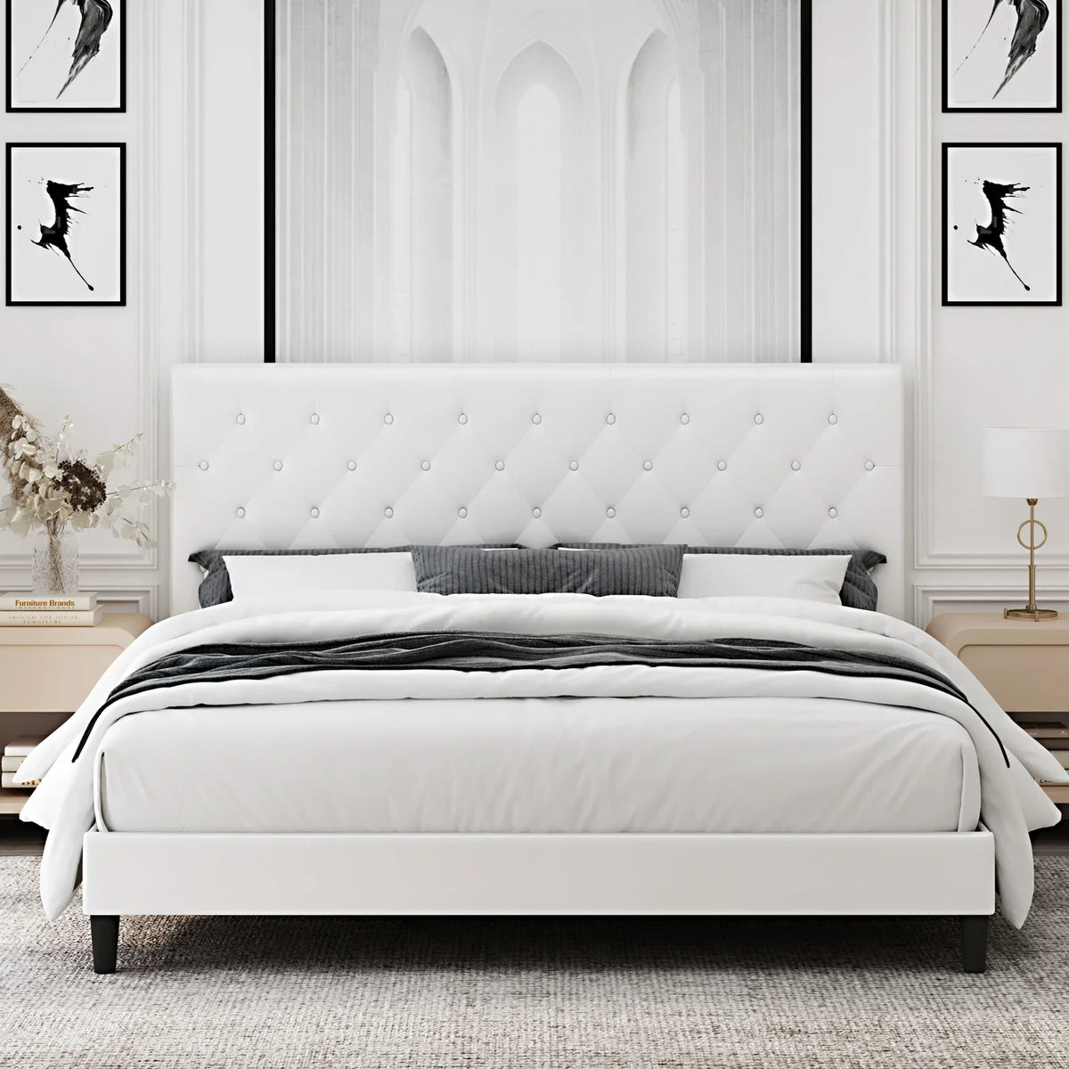 Black Faux Leather Upholstered Button Tufted Full Size Platform Bed Frame with Adjustable Headboard X1180