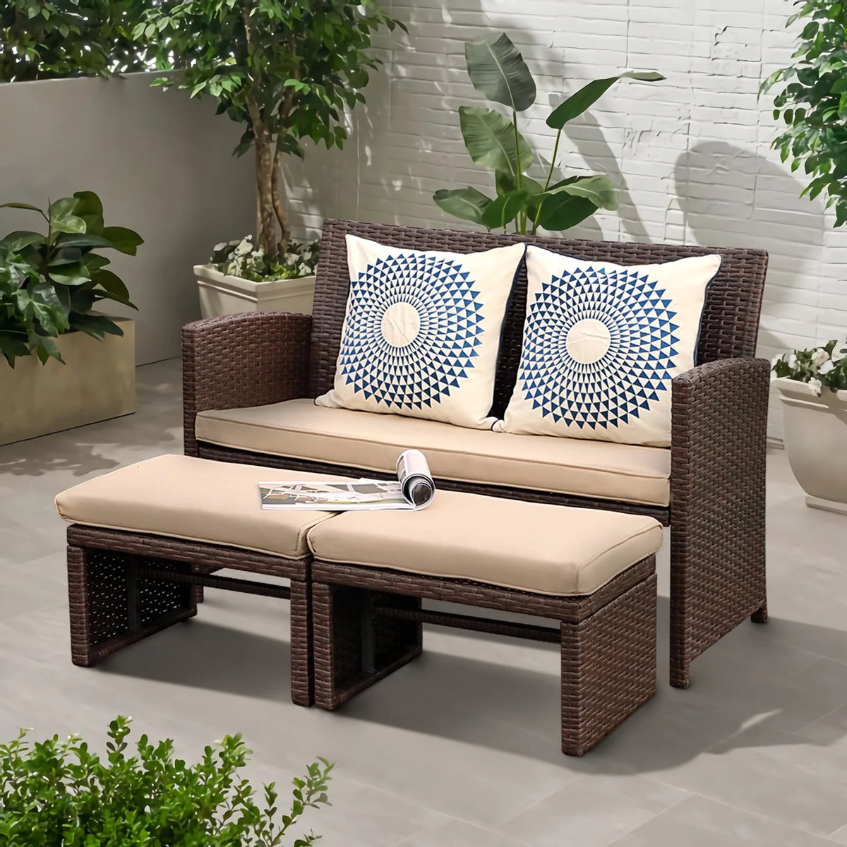 3 Piece Brown Rattan Outdoor Loveseat with Ottoman and Side Table J331