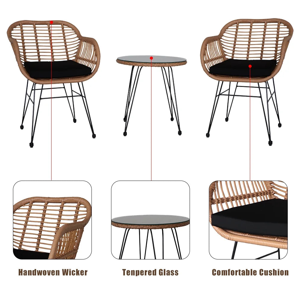 3 Piece Wicker Patio Conversation Set with Glass Side Table and Cushioned Chairs V867969
