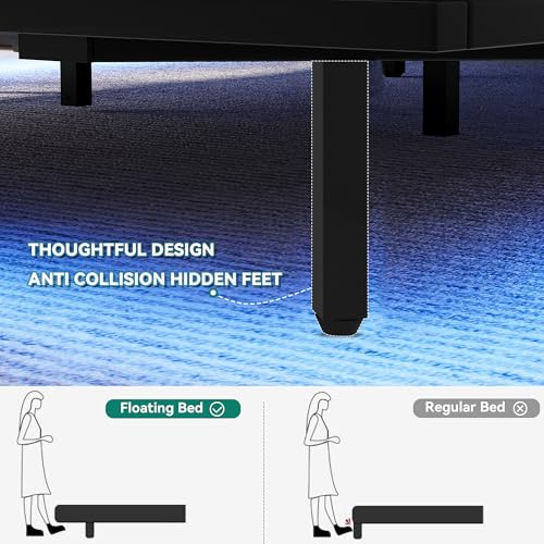 Gray Upholstered Floating Platform Bed with Charging Station F68588