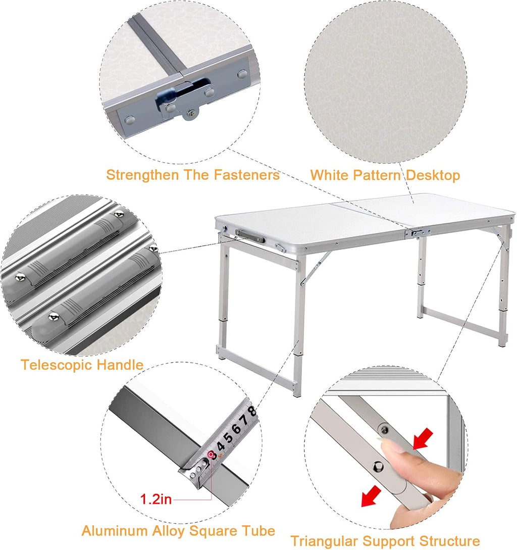 White 4 Foot Adjustable Height Folding Aluminum Camping Table with Stools J7263
