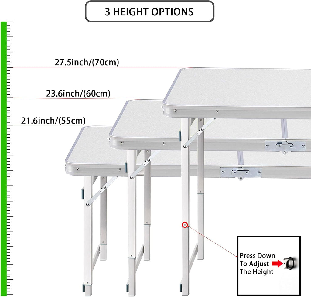 White 4 Foot Adjustable Height Folding Aluminum Camping Table with Stools J7263