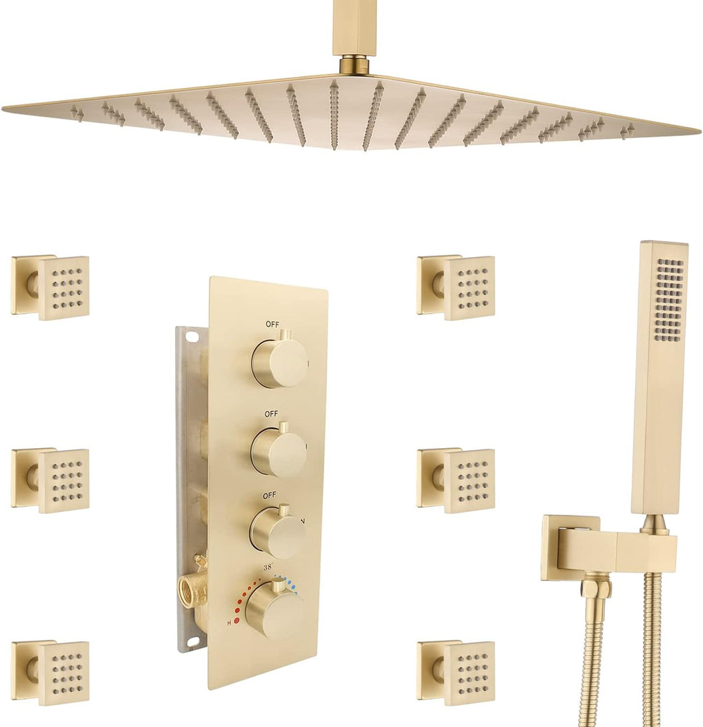 Brushed Nickel 16inch Rainfall Shower System with Body Jets Thermostatic Mixer Shower Faucet Set R419728