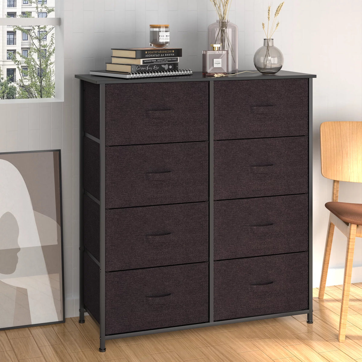 8 Drawer Fabric Dresser with Wooden Top Shelf U852