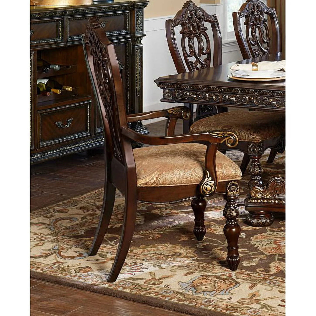 Fabric Upholstered Wooden Arm Chair Set of 2 Cherry Brown I4348
