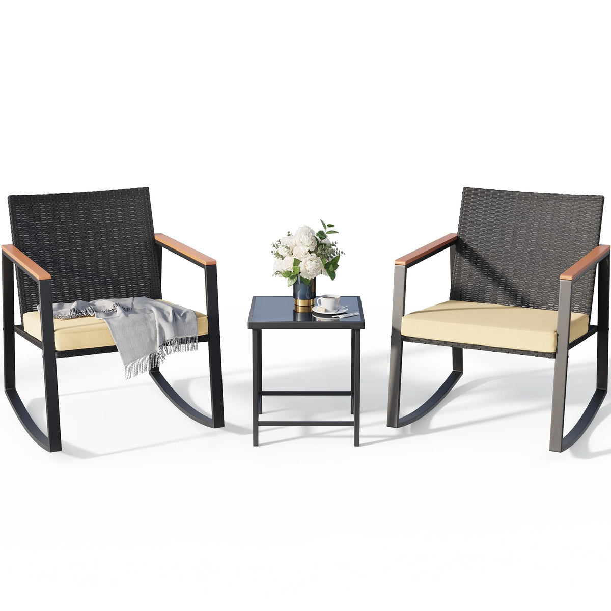 3-Piece Patio Wicker Chairs Set with Glass Coffee Table Q966170